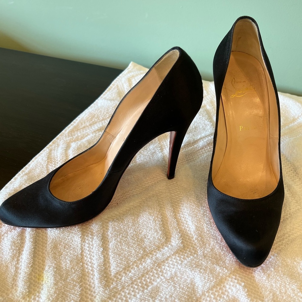 Chr. Louboutin black satin heels, good used condition